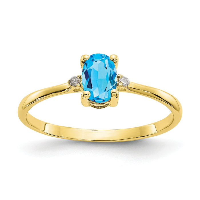 10k Yellow Gold Polished Geniune Diamond & Blue Topaz Birthstone Ring, Size: 6