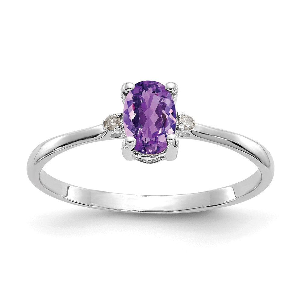 10k White Gold Polished Geniune Diamond & Amethyst Birthstone Ring, Size: 6