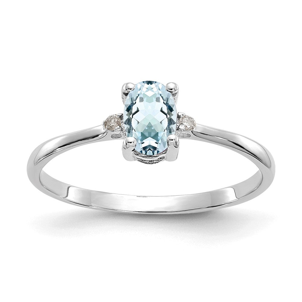 10k White Gold Polished Geniune Diamond & Aquamarine Birthstone Ring, Size: 6