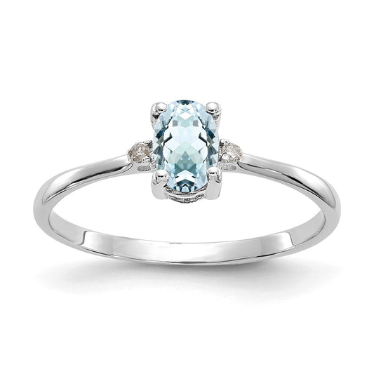 10k White Gold Polished Geniune Diamond & Aquamarine Birthstone Ring, Size: 6