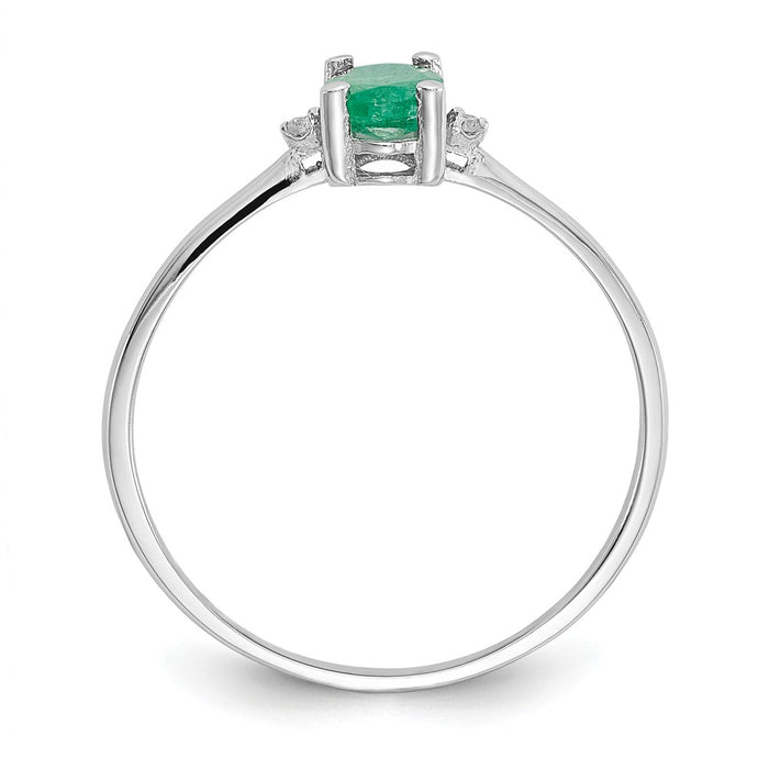 10k White Gold Polished Geniune Diamond & Emerald Birthstone Ring, Size: 6