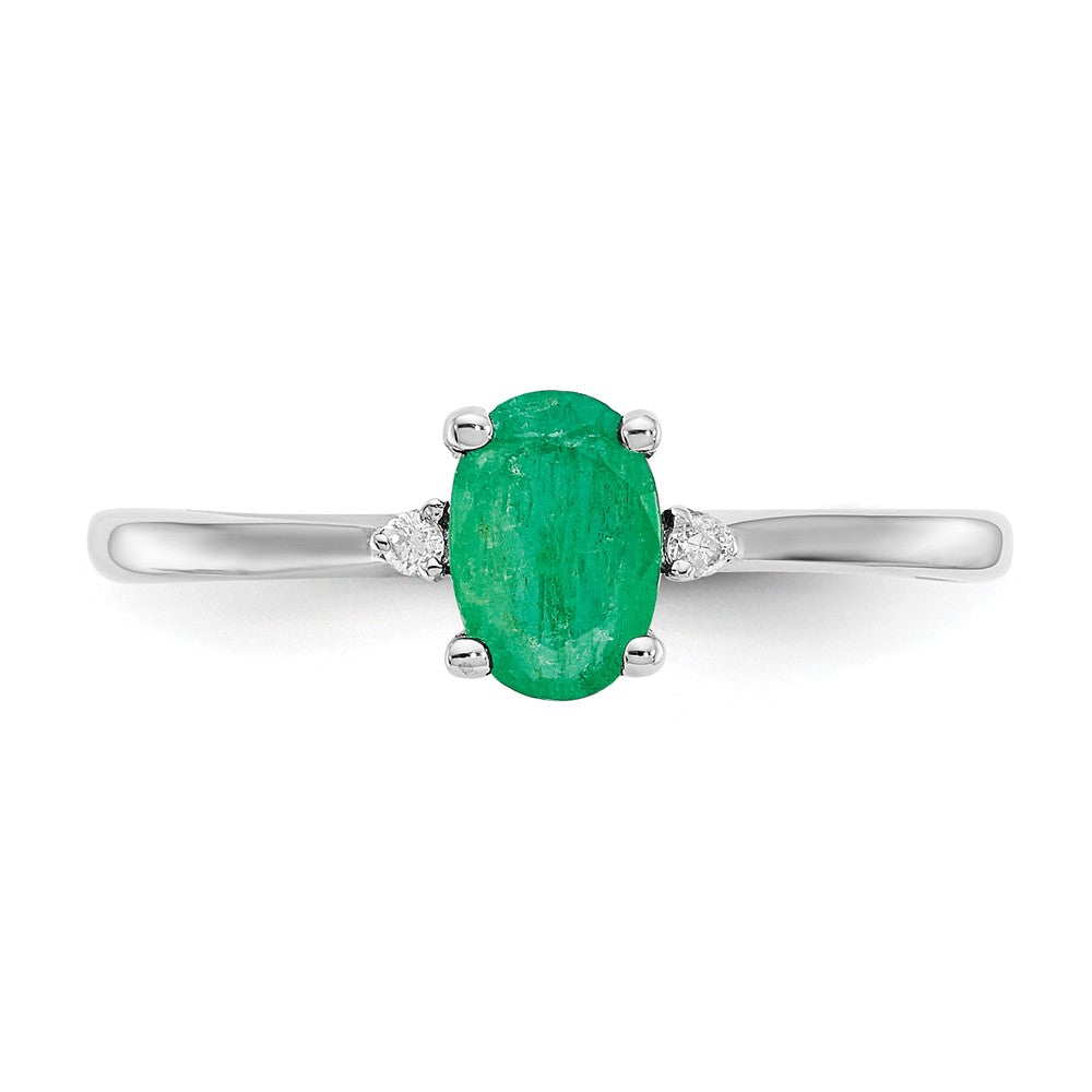 10k White Gold Polished Geniune Diamond & Emerald Birthstone Ring, Size: 6