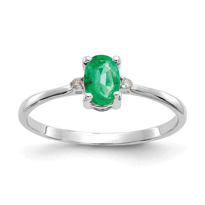 10k White Gold Polished Geniune Diamond & Emerald Birthstone Ring, Size: 6