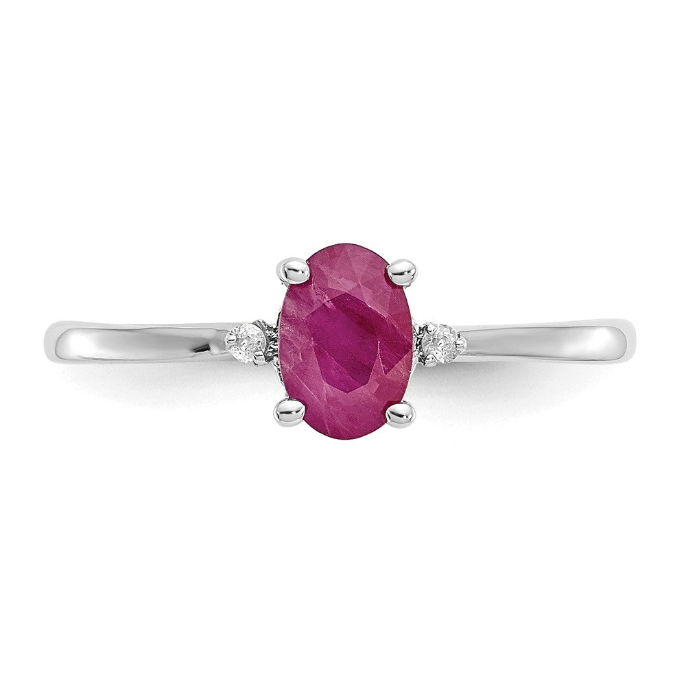 10k White Gold Polished Geniune Diamond & Ruby Birthstone Ring, Size: 6