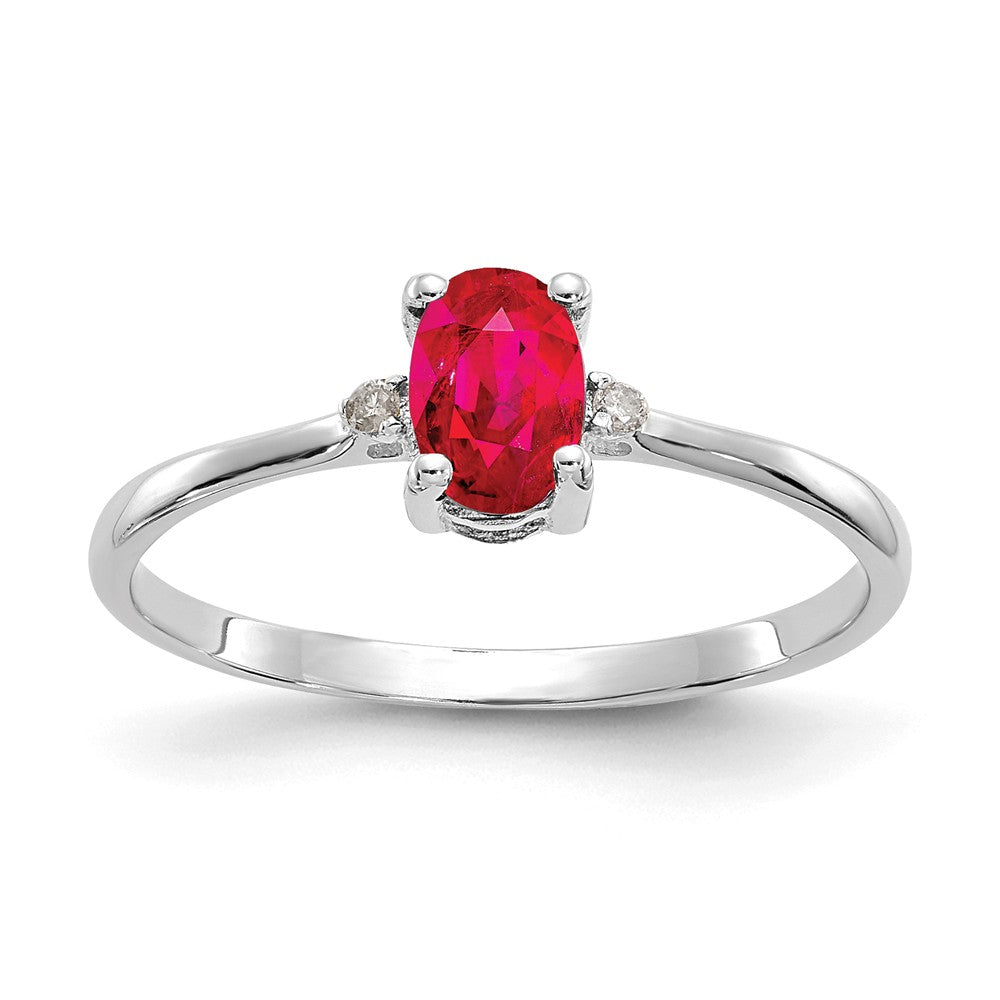10k White Gold Polished Geniune Diamond & Ruby Birthstone Ring, Size: 6