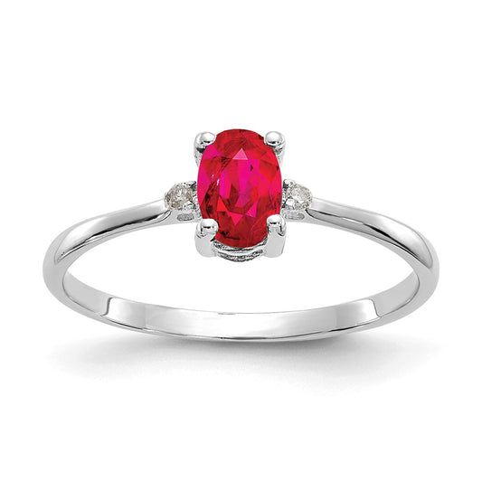 10k White Gold Polished Geniune Diamond & Ruby Birthstone Ring, Size: 6