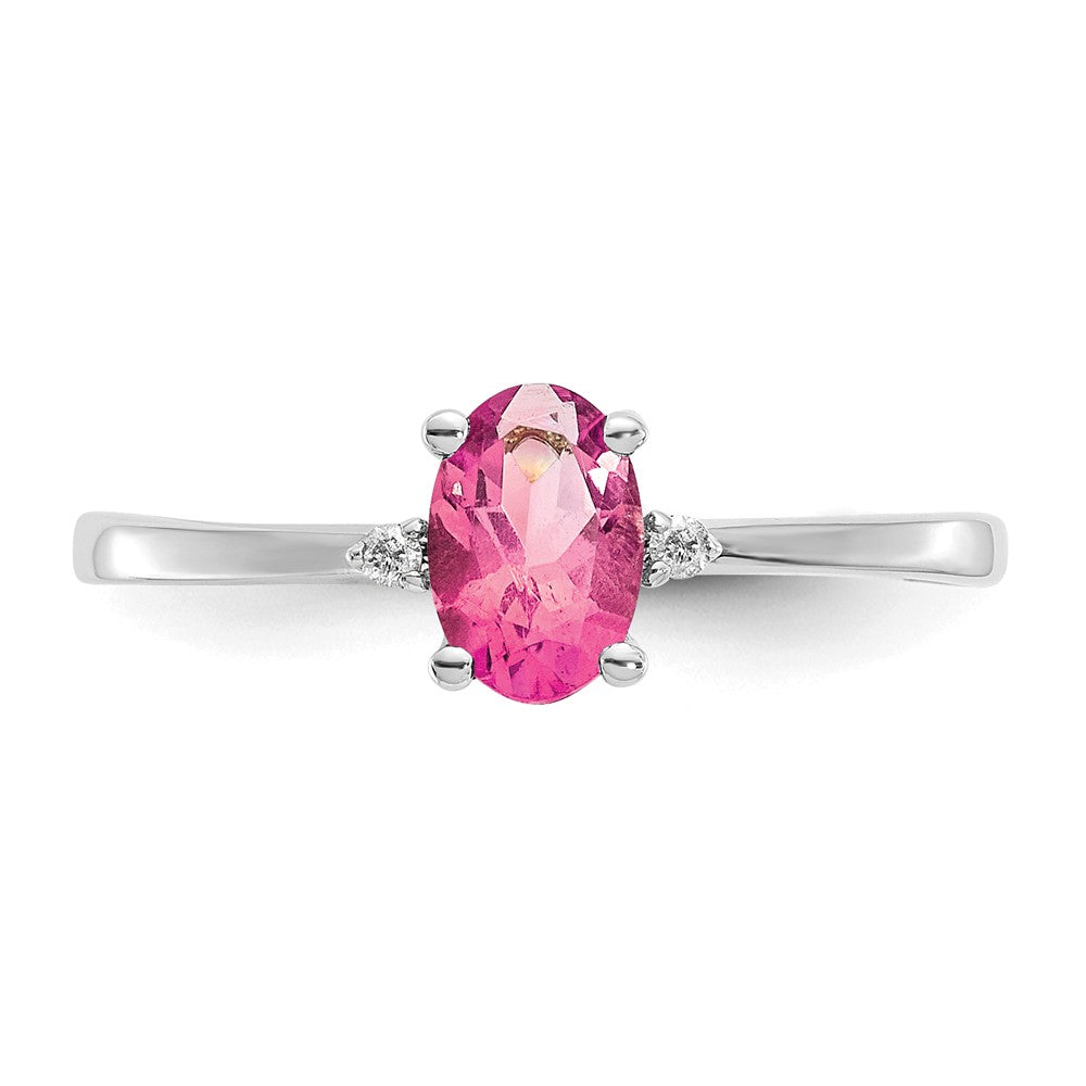 10k White Gold Polished Geniune Dia/Pink Tourmaline Birthstone Ring, Size: 6