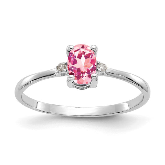 10k White Gold Polished Geniune Dia/Pink Tourmaline Birthstone Ring, Size: 6