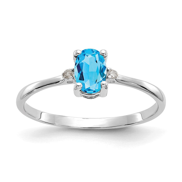 10k White Gold Polished Geniune Diamond/Blue Topaz Birthstone Ring, Size: 6