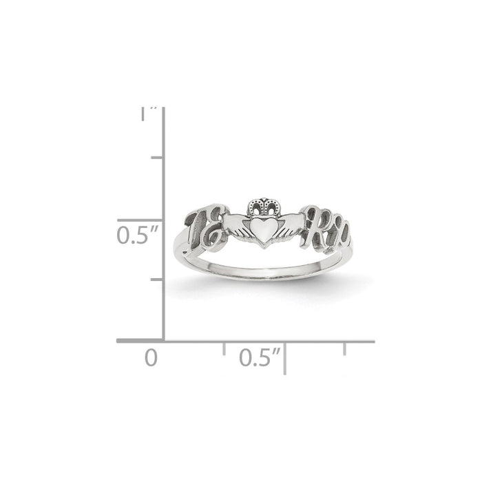 10k White Gold Laser Polished Couple's Initials And Heart Claddagh Ring, Size: 7
