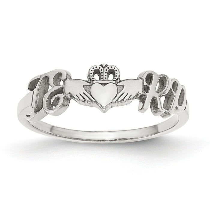10k White Gold Laser Polished Couple's Initials And Heart Claddagh Ring, Size: 7