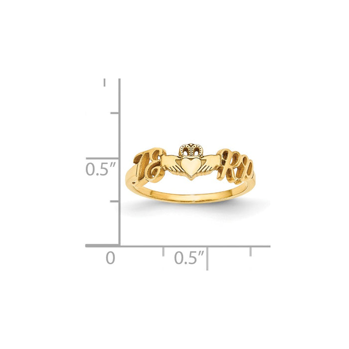 10k Yellow Gold Laser Polished Couple's Initials And Heart Claddagh Ring, Size: 7