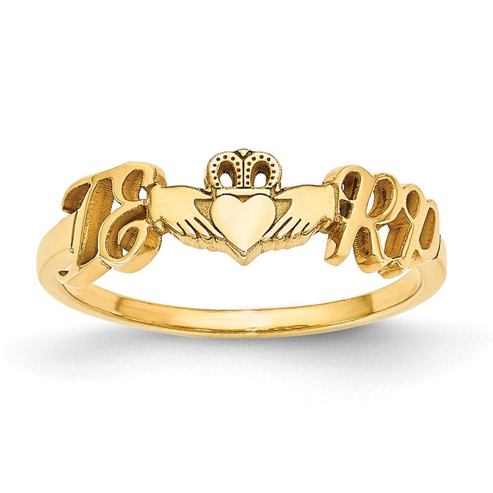 10k Yellow Gold Laser Polished Couple's Initials And Heart Claddagh Ring, Size: 7
