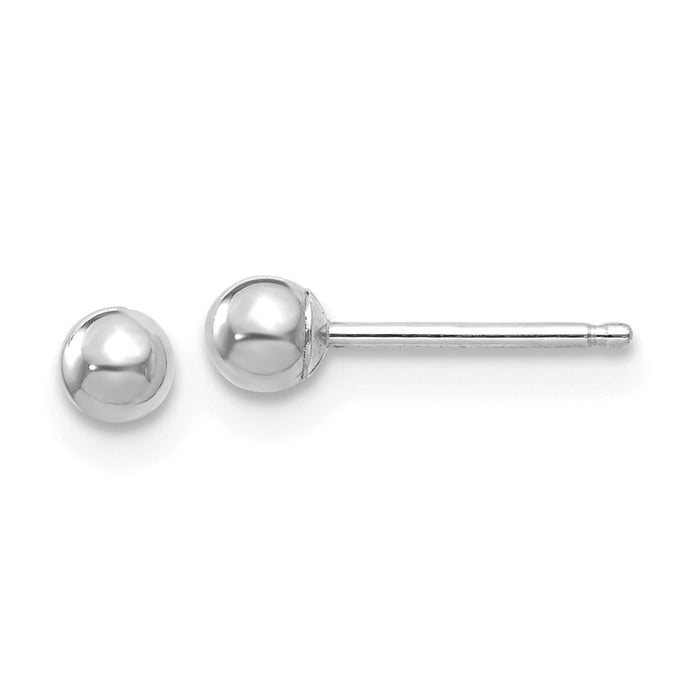 Million Charms 10k White Gold Polished 3mm Ball Post Earrings, 3mm x 3mm