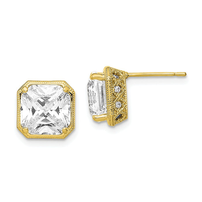 10k Yellow Gold Tiara Collection Polished Cubic Zirconia ( CZ ) Post Earrings, 9.34mm x 9.34mm