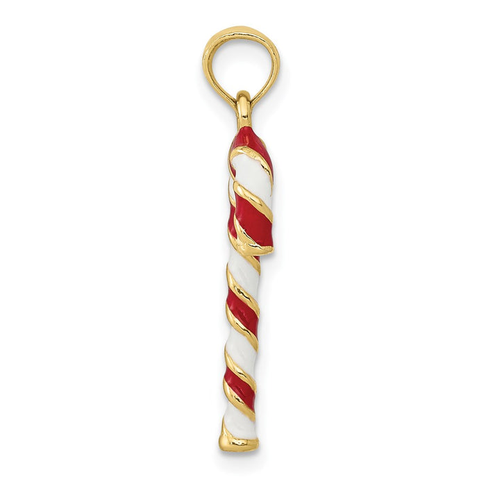 Million Charms 10K Yellow Gold Themed 3-D Enameled Candy Cane Pendant