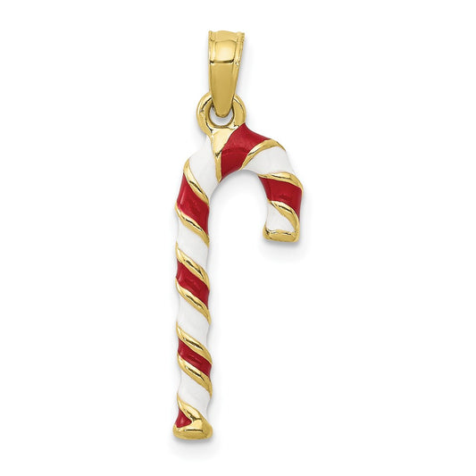 Million Charms 10K Yellow Gold Themed 3-D Enameled Candy Cane Pendant