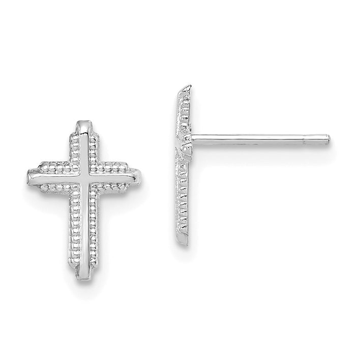 Million Charms 10K White Gold Polished Cross Post Earrings, 10mm x 7mm