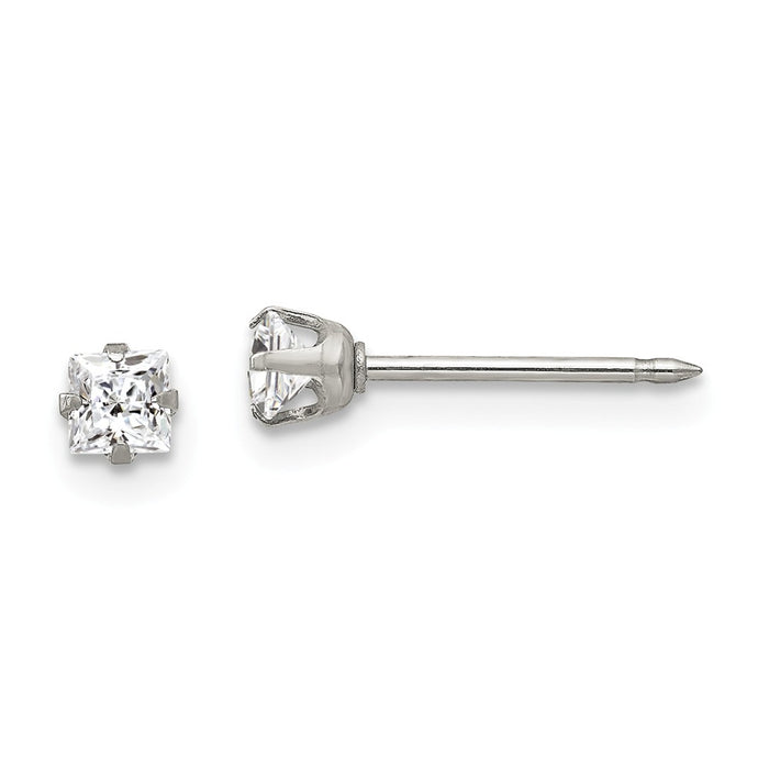 Inverness Stainless Steel 3mm Square Cubic Zirconia ( CZ ) Post Earrings, 3mm x 3mm