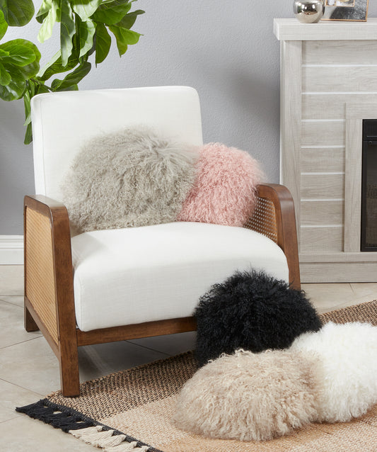 Genuine Mongolian Fur Pillows, Poly Filled, 16" Round