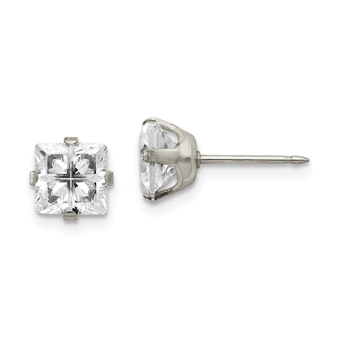 Inverness Stainless Steel 7mm Faceted Square Cubic Zirconia ( CZ ) Earrings, 7mm x 7mm