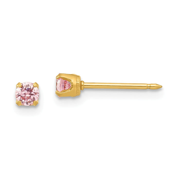 Inverness 24k Plated 3mm Pink Cubic Zirconia ( CZ ) Post Earrings, 3mm x 3mm
