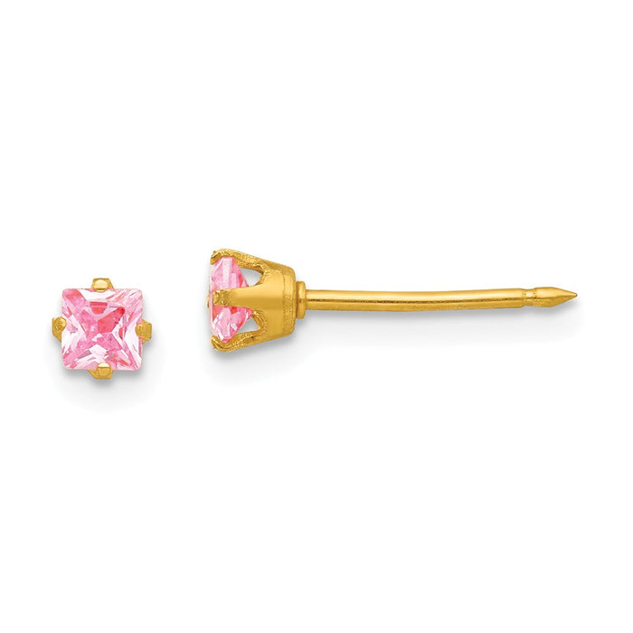 Inverness 14k Yellow Gold 3mm Square Pink Cubic Zirconia ( CZ ) Post Earrings, 3mm x 3mm