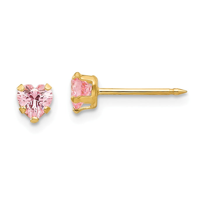 Inverness 14k Yellow Gold 4mm Pink Heart Cubic Zirconia ( CZ ) Earrings, 4mm x 4mm