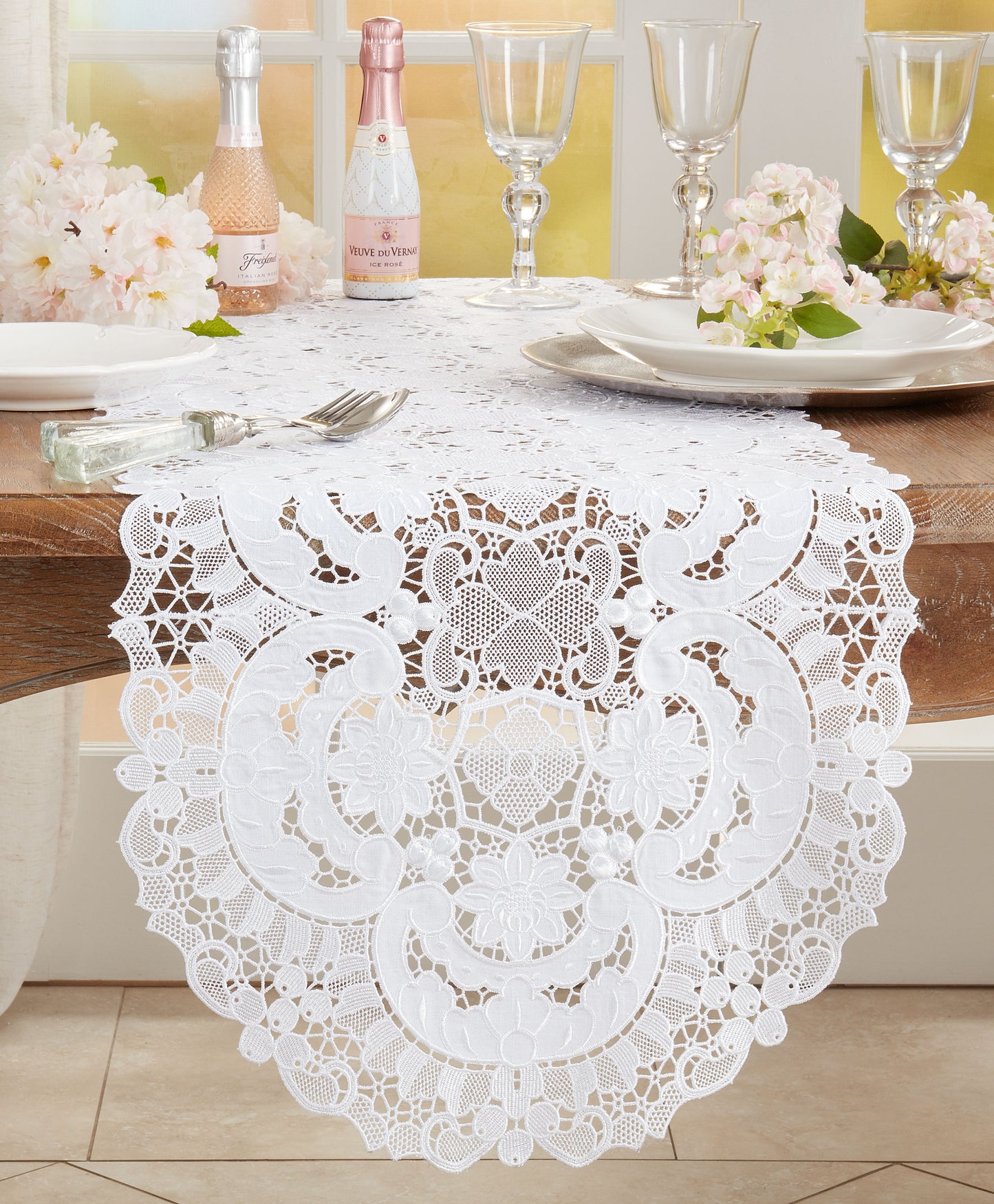 Occasion Gallery Vintage Style White Lace Tablecloths and Table Runner in Various Sizes, Rectangular