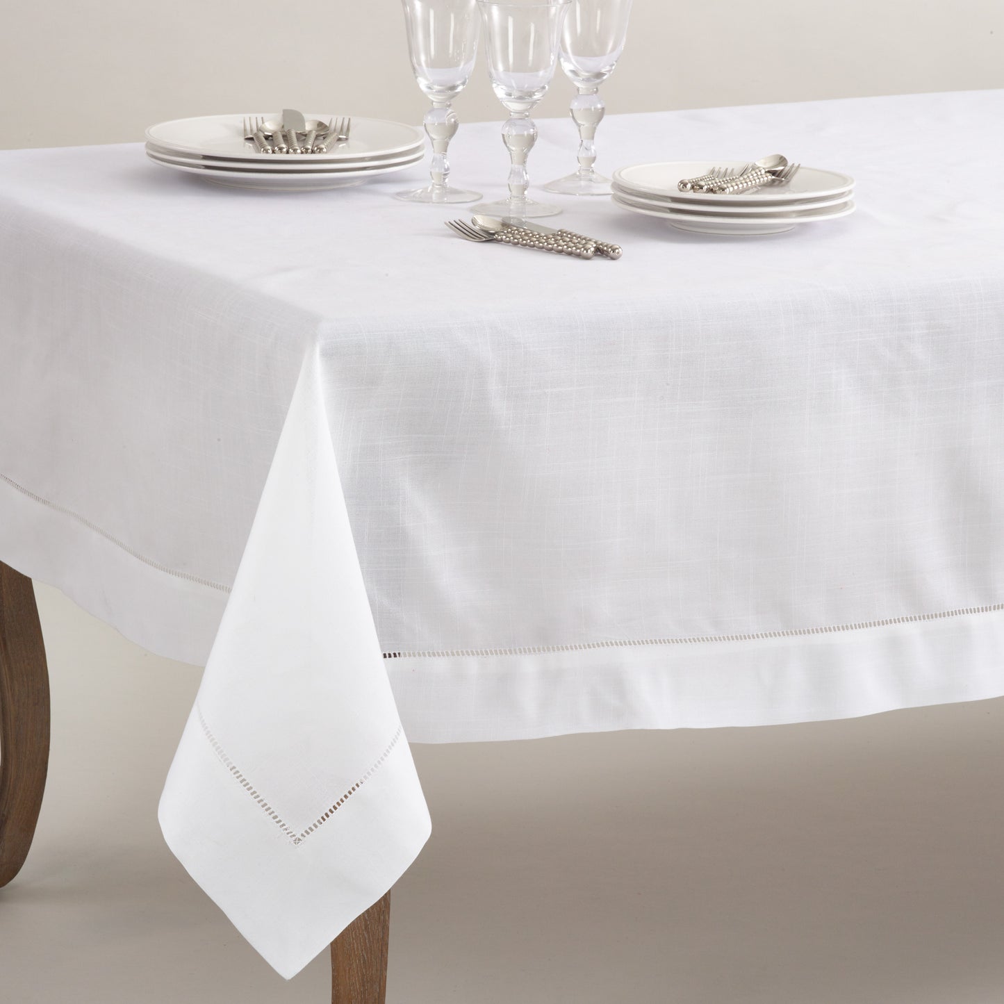 White Special Occasion Holiday Tablecloth with Hemstitched Border 70" X 120"