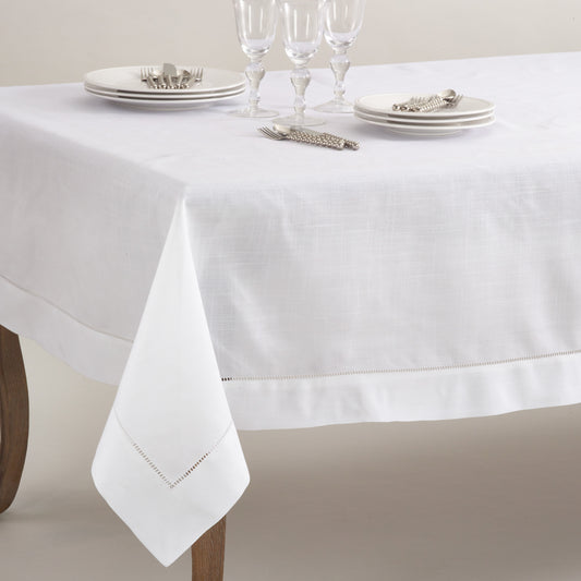White Special Occasion Holiday Tablecloth with Hemstitched Border 70" X 120"