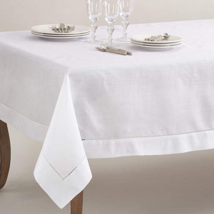 White Special Occasion Holiday Tablecloth with Hemstitched Border 70" X 120"