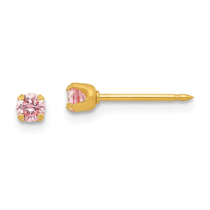 Inverness 14k Yellow Gold 3mm Pink Cubic Zirconia ( CZ ) Post Earrings, 3mm x 3mm