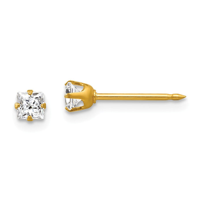Inverness 14k Yellow Gold 3mm Square Cubic Zirconia ( CZ ) Post Earrings, 3mm x 3mm