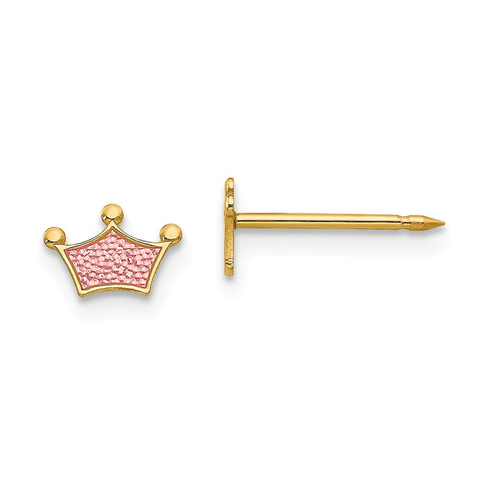 Inverness 14k Yellow Gold Epoxy Fill Pink Crown Earrings, 5mm x 7mm