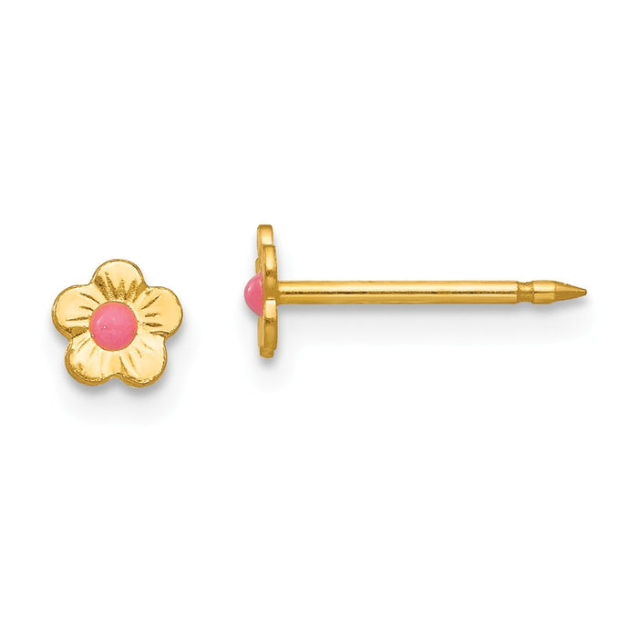 Inverness 14k Yellow Gold Epoxy Fill Pink Mini Flower Earrings, 5mm x 5mm
