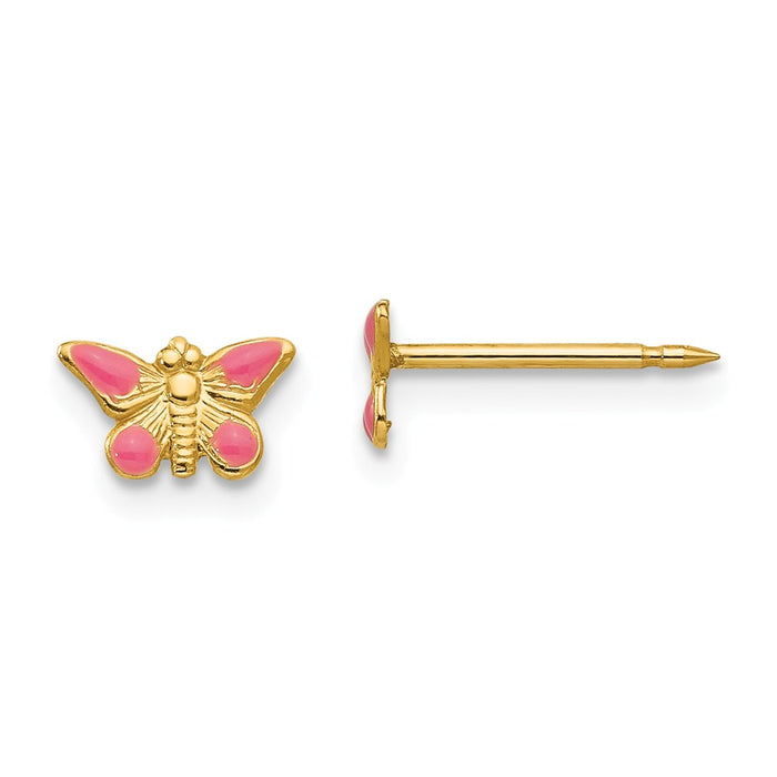 Inverness 14k Yellow Gold Epoxy Fill Pink Butterfly Earrings, 4mm x 6mm