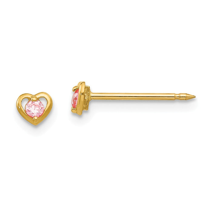 Inverness 14k Yellow Gold Heart with Pink Cubic Zirconia ( CZ ) Earrings, 5mm x 5mm