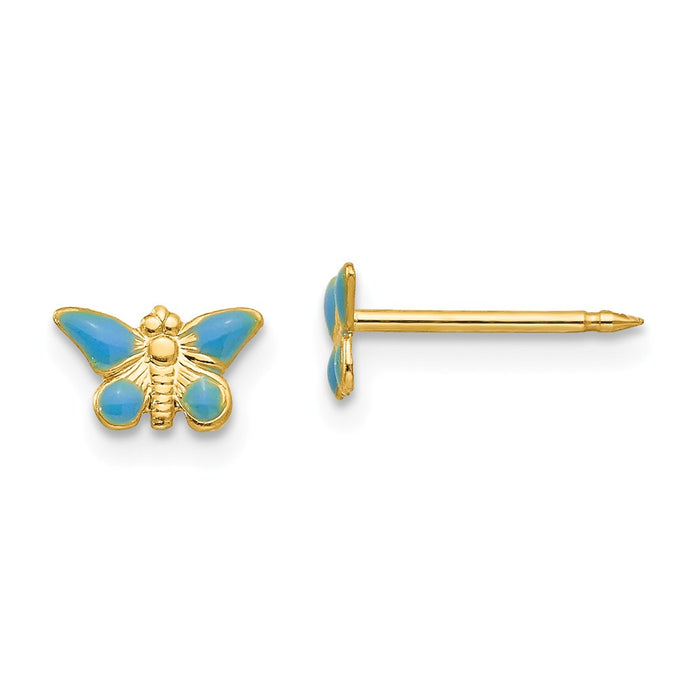 Inverness 14k Yellow Gold Epoxy Fill Blue Butterfly Earrings, 4mm x 6mm