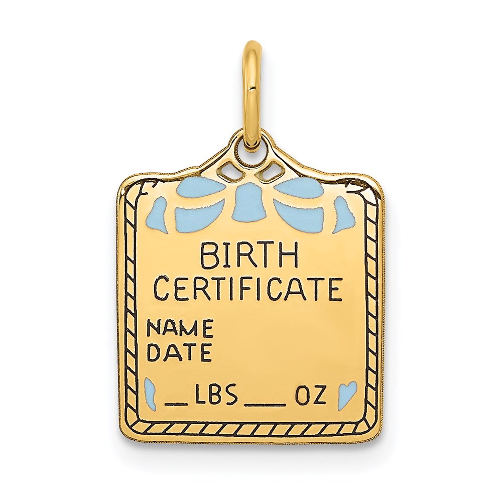 Million Charms 14K Yellow Gold Themed Enameled Blue Engravable Birth Certificate Charm