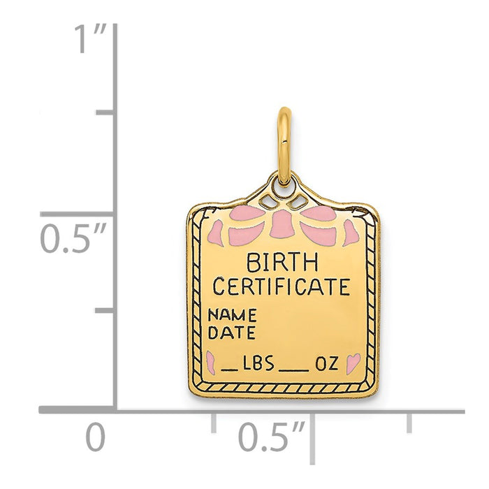 Million Charms 14K Yellow Gold Themed Enameled Pink Engravable Birth Certificate Charm