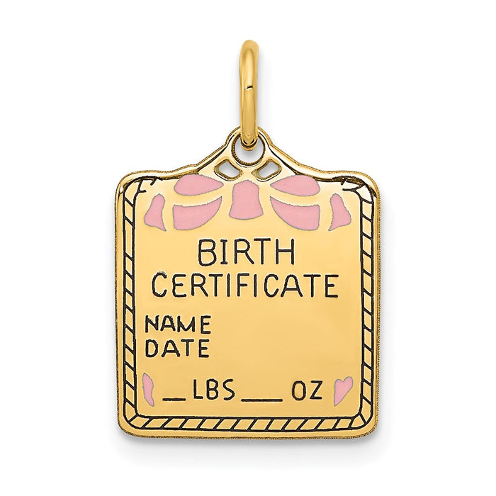 Million Charms 14K Yellow Gold Themed Enameled Pink Engravable Birth Certificate Charm