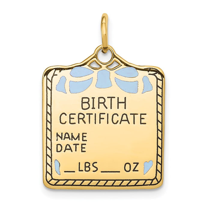 Million Charms 14K Yellow Gold Themed Enameled Blue Engravable Birth Certificate Charm