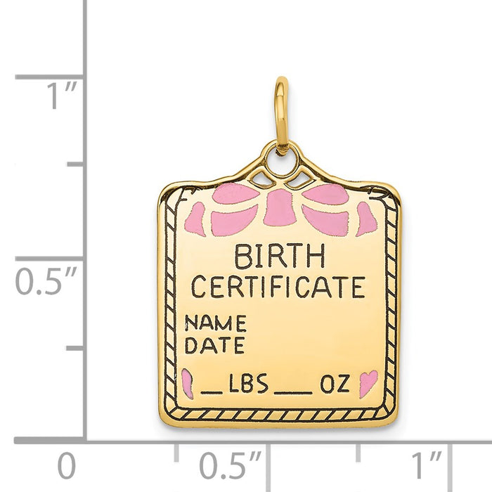 Million Charms 14K Yellow Gold Themed Enameled Pink Engravable Birth Certificate Charm