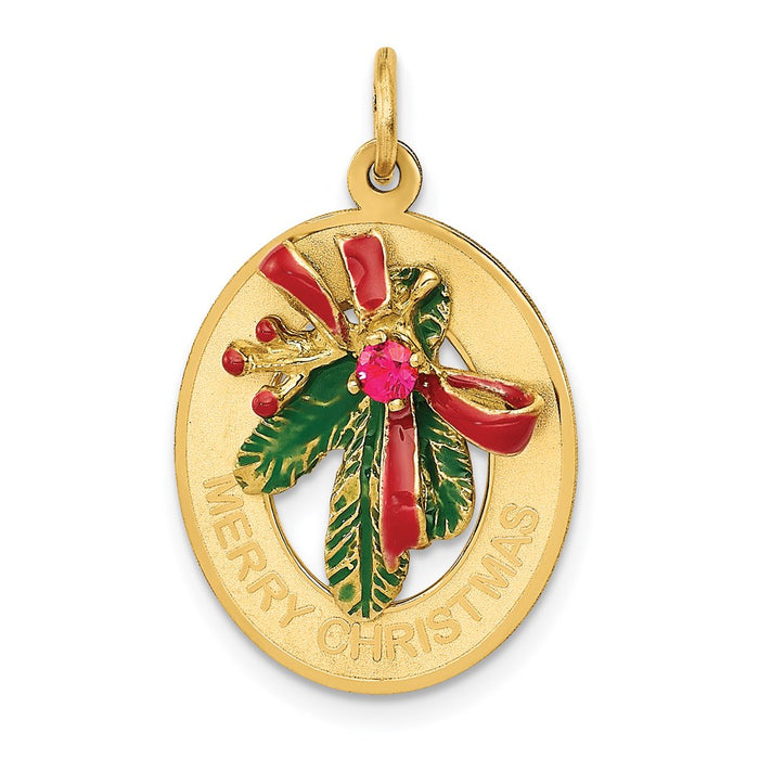Million Charms 14K Yellow Gold Themed Enameled Mistletoe With Synthetic Stone Charm