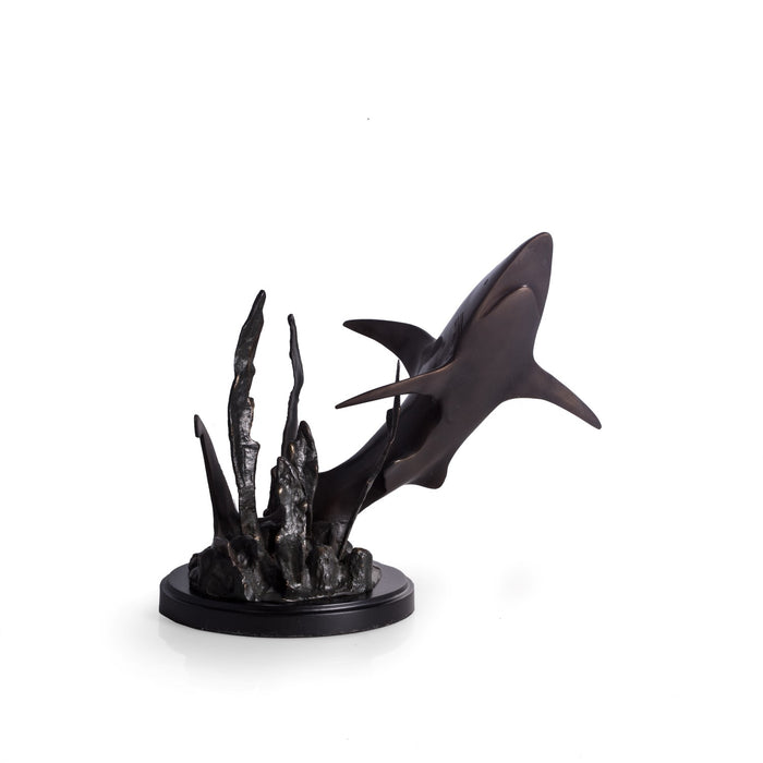 Occasion Gallery Brass/Black  Color Brass Shark Attack Sculpture on Black Wood Base. 9.5 L x 6.5 W x 8 H in.