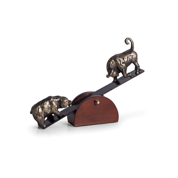 Occasion Gallery Black/Bronze Color See-Saw Metal Bull & Bear Sculpture with Teak Wood Base. 6 L x 1.75 W x 8.5 H in.