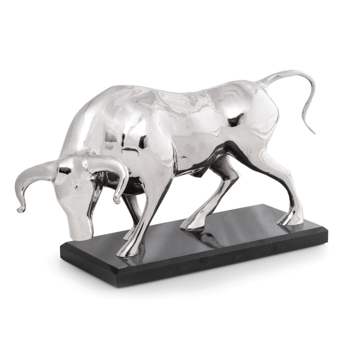 Occasion Gallery Silver Color Bull Sculpture with Nickel Plated Finish on Black Marble Base.  15 L x 5 W x 9 H in.