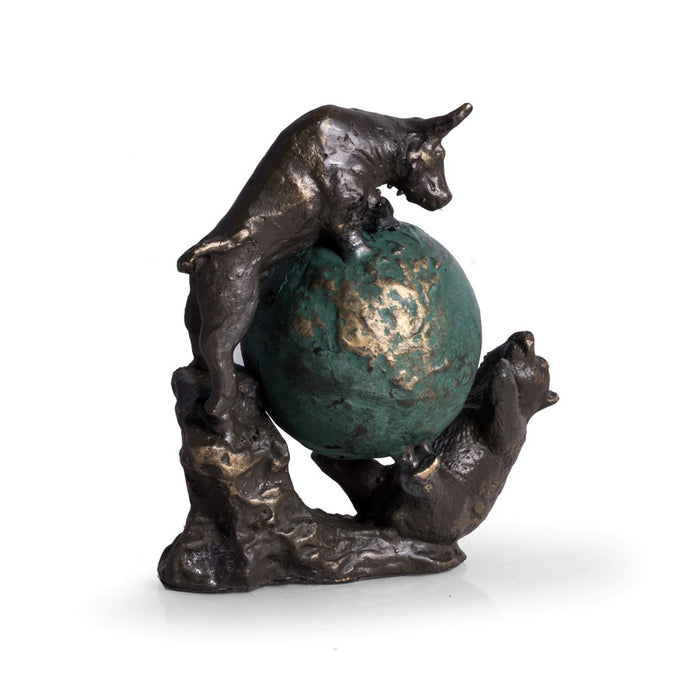Occasion Gallery Bronze/Green Color Bronzed Finished Bull & Bear Fight Sculpture with Globe.  7.5 L x 4 W x 7.5 H in.