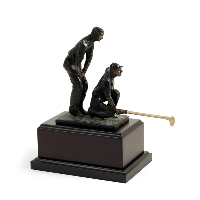 Occasion Gallery Black Color 9 1/4" Double Golfers with Bronzed Finish on Wood Base. 6.5 L x 4.5 W x 9.25 H in.